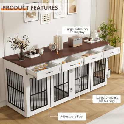 87" Dog Crate Furniture for 2 Dogs, Double Dog Cage Furniture, White, view 5
