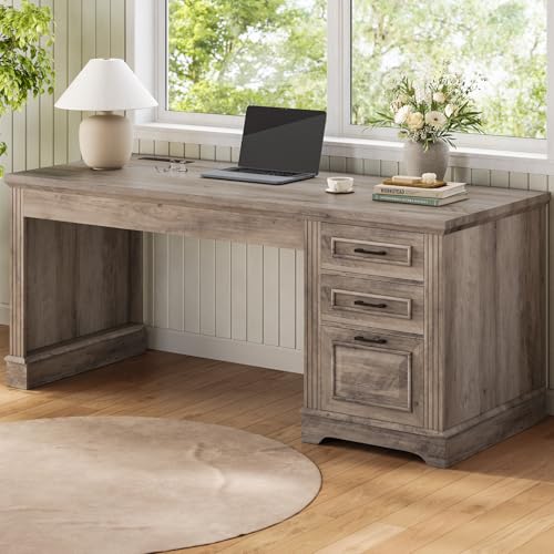 Farmhouse 55" Executive Desk, Computer Desk with Storage Drawers and Power Outlet, Home Office Desk, Workstation for Office Home, Grey