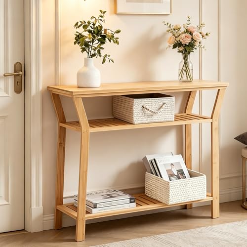 Bamboo Console Table, 38.6" Entryway Table with Storage, Display Table, Narrow Sofa Table for Entryway, Living Room, Foyer