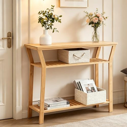 Bamboo Console Table, 38.6" Entryway Table with Storage, Display Table, Narrow Sofa Table for Entryway, Living Room, Foyer