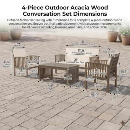 4 Piece Outdoor Conversation Set Acacia Wood Patio Furniture withWater Resistant Cushions 4pc Loveseat and Club Chairs for Backyard Garden Porch Outdoor Living Space Aesthetic Patio Decor Finds