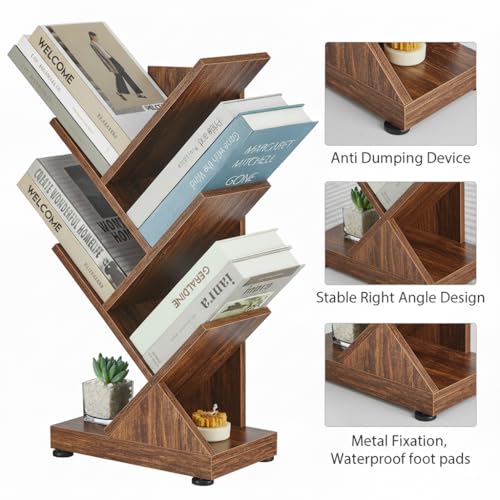 5 Tier Tree Bookshelf, Small Bookcase 11.8"*7.4"*24" (Rustic Brown) | Retro Narrow Bookshelves for CDs/Magazines, Book Shelf for Bedroom, Living Room, Office, Balcony, Study Room