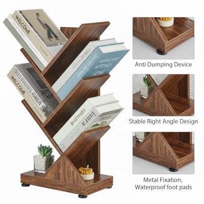 5 Tier Tree Bookshelf, Small Bookcase 11.8"*7.4"*24" (Rustic Brown) | Retro Narrow Bookshelves for CDs/Magazines, Book Shelf for Bedroom, Living Room, Office, Balcony, Study Room