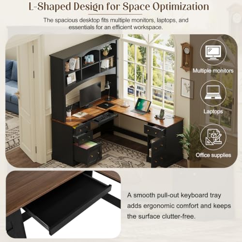 68.9" L Farmhouse L-Shaped Computer Desk Corner Desk with Hutch, view 7