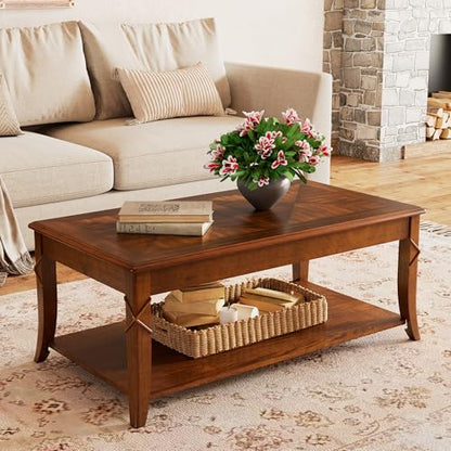 2-Tier Solid Wood Coffee Table with Shelf, 43.3 * 23.6 * 17.7in | Vintage Rectangle Cocktail Table with Dual Hourglass Top, Apartment Center Sofa Table with Curved Legs for Living Room
