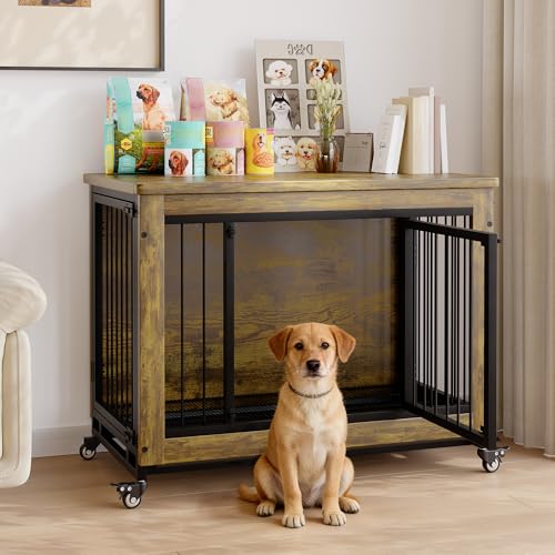 Rustic Wood Dog Crate Furniture with 3 Doors & Wheels, view 3