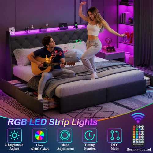 Upholstered King Size Bed Frame with 4 Storage Drawers and LED Lights, view 5