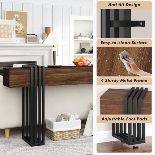 71 Inch Long Console Table, Extra Thick Industrial Sofa Table Behind The Couch Rectangular Entryway Table for Entrance Hallway Living Room, Entire top Board & 4-Pipe Legs, Walnut