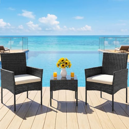 3-Piece Patio Furniture Set, All-Weather Outdoor Wicker Chairs with Removable Cushions & Tempered Glass Table, Small Bistro Set for Porch, Balcony, Lawn, Backyard, Black