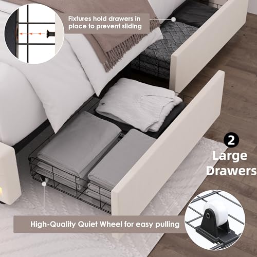 Upholstered Queen LED Bed Frame w/Storage & Charging Headboard, Beige, view 5
