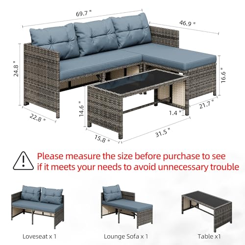 3 Pieces Outdoor Patio Furniture Sets, Wicker Patio Conversation Sets, All Weather Wicker Rattan Patio Seating Sofas with Glass Coffee Table and Cushion, Blue-Gray
