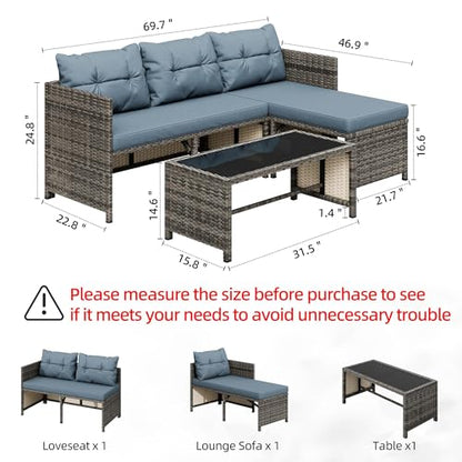 3 Pieces Outdoor Patio Furniture Sets, Wicker Patio Conversation Sets, All Weather Wicker Rattan Patio Seating Sofas with Glass Coffee Table and Cushion, Blue-Gray