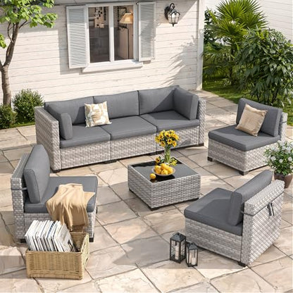 6-Piece Outdoor Patio Furniture Set, All-Weather Wicker Sectional Sofa with Deep Seating 4” Cushions, Heavy-Duty Steel Frame, Modular Rattan Couch for Backyard, Deck & Garden, Black