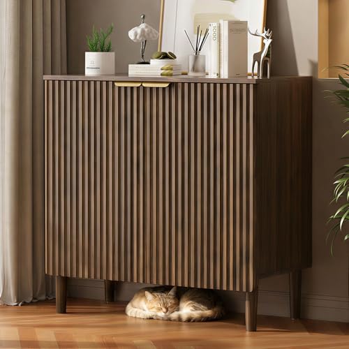 Sideboard Buffet Storage Cabinet - Wood Cabinets with Adjustable Shelves Fluted Doors, Anti-Tip Console Table for Kitchen Dining Living Room or Entryway Hallway, Easy Assembly, Walnut