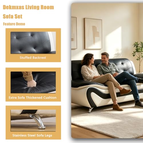 Leather Couches, Living Room Couch Set, Sofa for Bedroom, Apartment, Living Room Furniture Sets a-Leather (Black&White, Sofa+Loveseat+Chair)