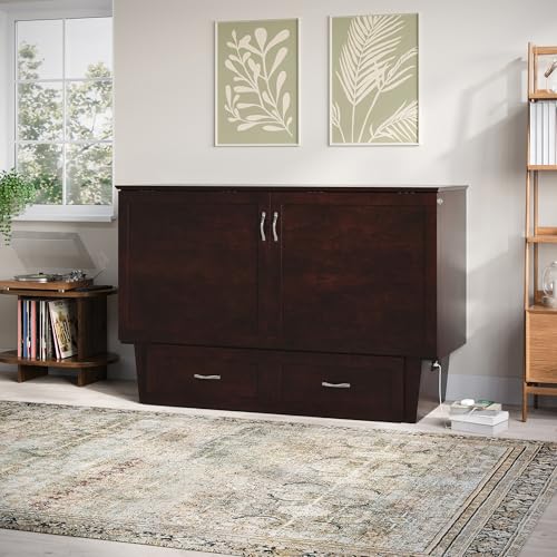 Chelsea Mid-Century Modern Queen Solid Wood Murphy Bed Chest with 6" Mattress, Storage Drawer & Built-in USB Charger, Espresso
