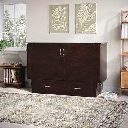 Chelsea Mid-Century Modern Queen Solid Wood Murphy Bed Chest with 6" Mattress, Storage Drawer & Built-in USB Charger, Espresso