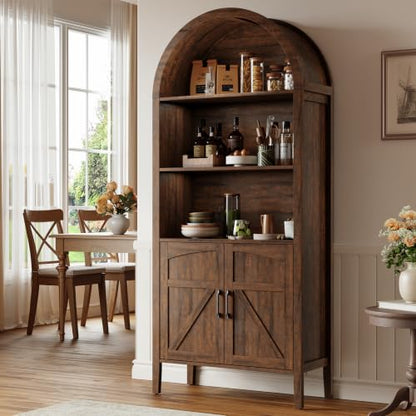 Brown 5-tier arched bookshelf with door and adjustable shelves, view 8