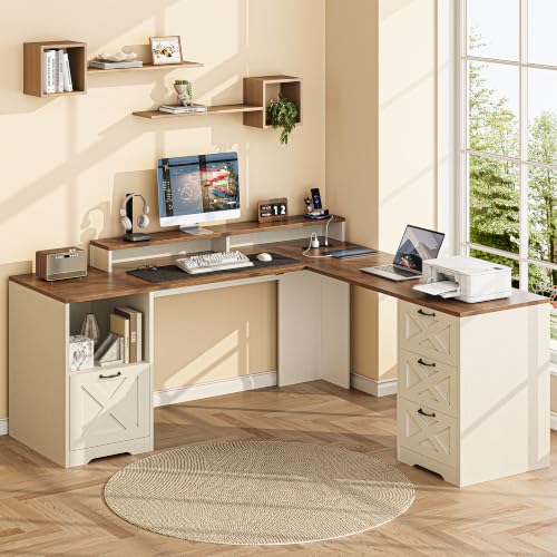 Farmhouse L Shaped Desk with Storage, Monitor Stand for Home Office, view 4