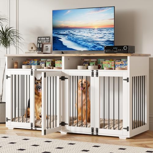 63'' Dog Crate Furniture for 2 Dogs, Wooden Dog Cage with Storage Compartment, view 8