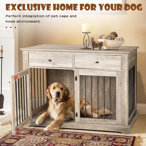 44-inch Wooden Dog Crate with 2 Storage Drawers, End Table, Grey, view 8