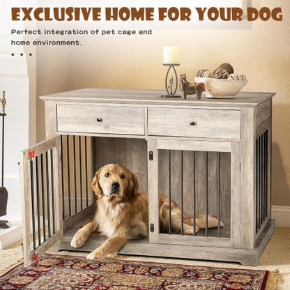 44-inch Wooden Dog Crate with 2 Storage Drawers, End Table, Grey, view 8