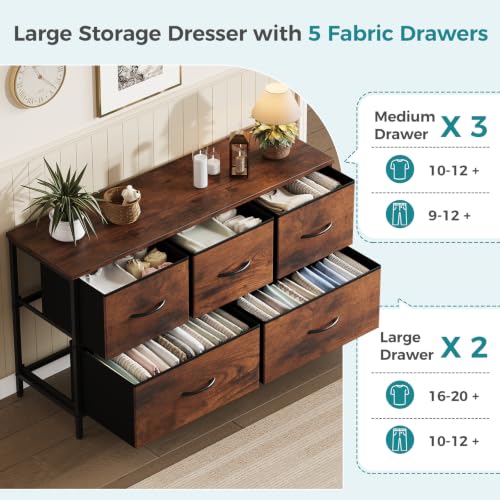5 Drawer Dresser for Bedroom, Wide Fabric Storage Tower, Brown, view 5