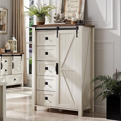 5 Drawers Dresser for Bedroom w/Sliding Barn Door, Farmhouse Modern Tall Dresser 5 Chest of Drawers, Storage Organizer for Bedroom, Hallway, Living Room, Kids Room, Antique White