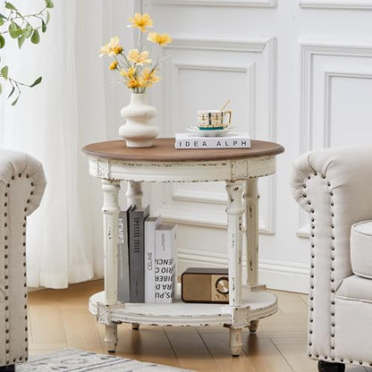 23.6" French Country Two Tone Round End Table,Chipped White Vintage 2 Tier Side Table for Living Room Small Space,No Tool Assembly