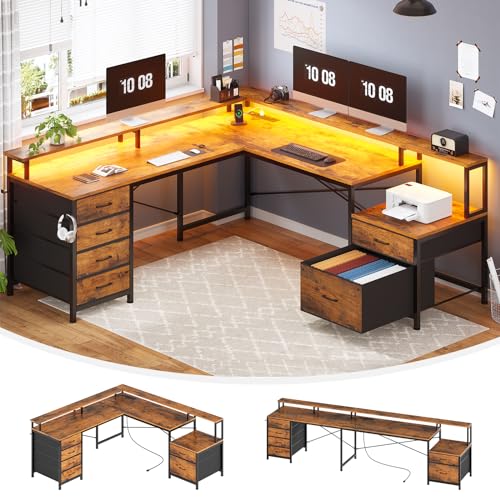 L Shaped Desk with 6 Drawer, 108" Home Office Desk with File Drawer & Power Outlet, Corner Computer Desk with Monitor Shelf, Two Person Desk, Gaming Desk with Led Lights, Rustic Brown