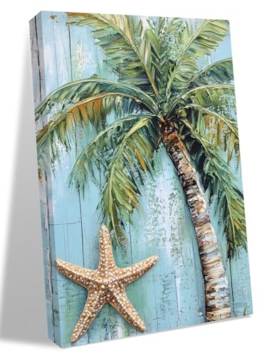 NuYeBiofx Summer Coconut Tree Starfish Canvas Wall Art Prints,40"x28" Framed Picture Artwork Seaside Plant Blue Wood Plank Printed Canvas Oil Painting for Living Room Bedroom Office,Ready to Hang