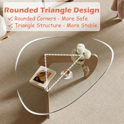 Modern Coffee Table for Living Room and Small Spaces, 43.3" x 29.5" x 15.8" Triangle Tempered Glass Table Top and Eco-Friendly Solid Wood Base, Natural Wood