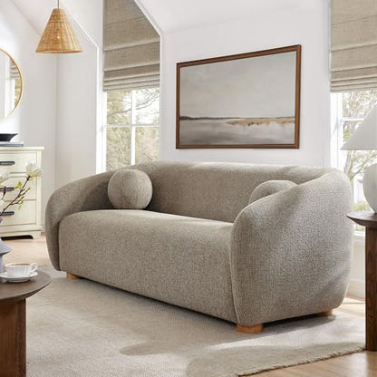Holland 85 Inch Minimalist Curved Back Sofa in Taupe – Chenille Fabric Sofa with Ball Throw Pillows and Wood Feet – Modern 3-Seater Couch for Living Room