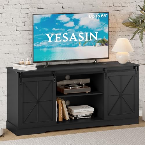 Farmhouse Black TV Stand for 65 Inch TV with Sliding Barn Doors, view 6