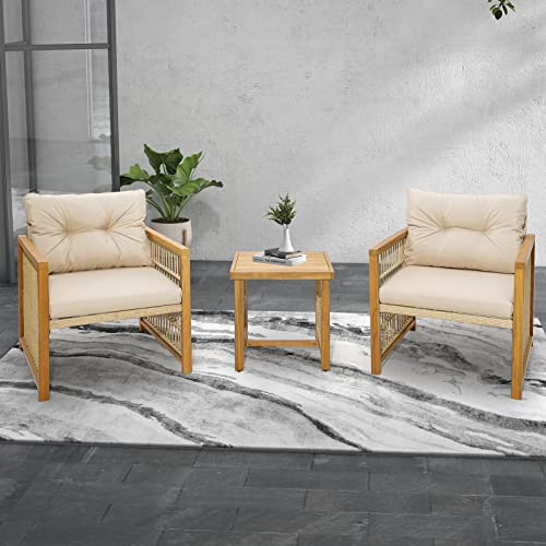 3 Pieces Acacia Wood Patio Furniture Set, PE Wicker Bistro Set with Cushioned Chairs and Coffee Table, Outdoor Conversation Set for Porch, Deck, Balcony, Backyard (Beige)