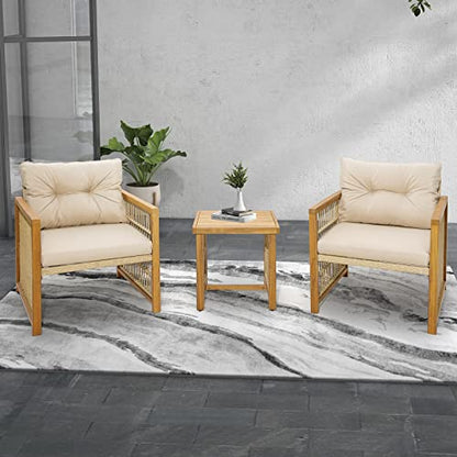 3 Pieces Acacia Wood Patio Furniture Set, PE Wicker Bistro Set with Cushioned Chairs and Coffee Table, Outdoor Conversation Set for Porch, Deck, Balcony, Backyard (Beige)