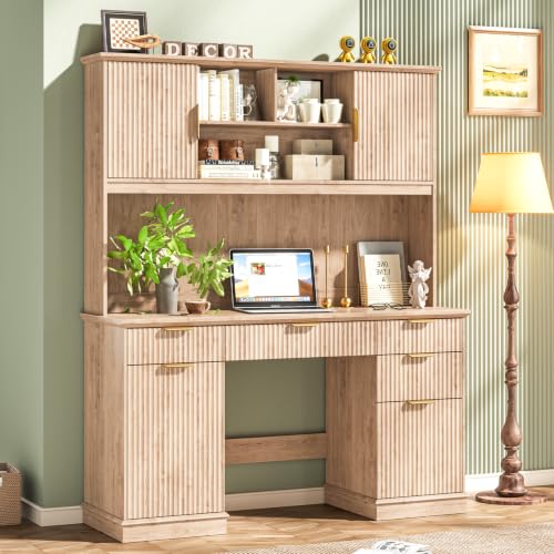 Farmhouse Executive Desk with 5 Drawers & 3 Storage Cabinets,Oak, view 8