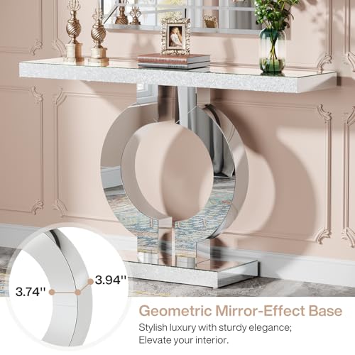Tribesigns 43" Silver Entryway Table with O-Shaped Base, Modern Rectangle Mirrored Sofa Console Table for Living Room, Hallway, Entrance (Silver)