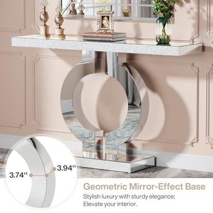 Tribesigns 43" Silver Entryway Table with O-Shaped Base, Modern Rectangle Mirrored Sofa Console Table for Living Room, Hallway, Entrance (Silver)