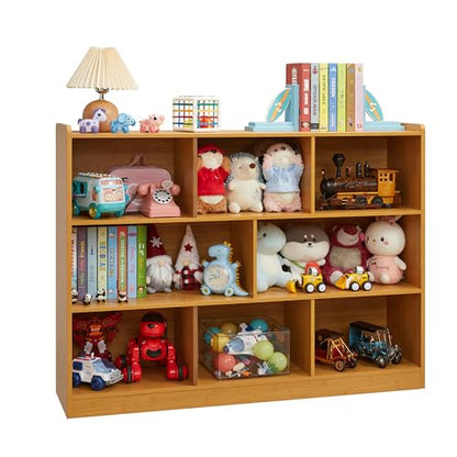 3-Tier Bookshelf, 8-Section Wooden Bookcase, Storage Organizer with Anti-Tilt Device, Modern Storage Display Cabinet for Living Room, Classroom, Kid’s Room (Natural), FJHL-011YE