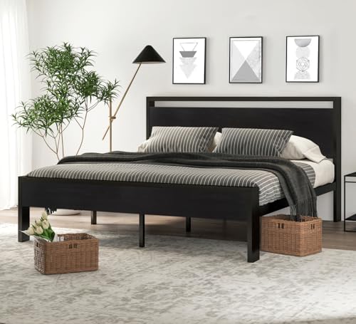 14 Inch King Size Metal Platform Bed Frame with Wooden Headboard and Footboard, view 2