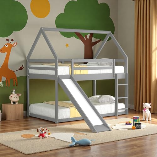 Twin Over Twin Low House Bunk Bed Frame with Slide, Gray | Wood twin over twin, roof, guardrail and ladder, for kids boys girls, wood slat support, safety guardrails and ladder