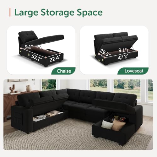 111.4'' Modular Sectional Sleeper Sofa with Pull Out Bed,Black, view 6