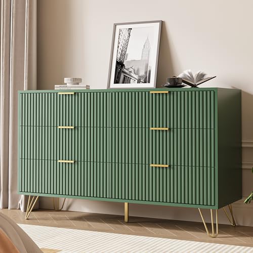 Green 6 Drawer Dresser for Bedroom, Fluted Dresser with Gold metal Handles, view 2