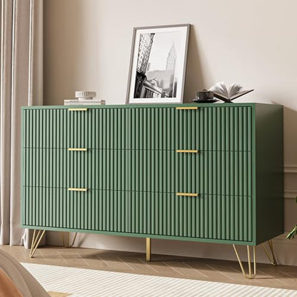 Green 6 Drawer Dresser for Bedroom, Fluted Dresser with Gold metal Handles, view 2