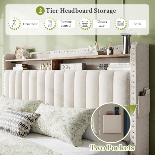 King Size Bed Frame with 2 Drawer & 2-Tier Storage Headboard Shelf, view 6