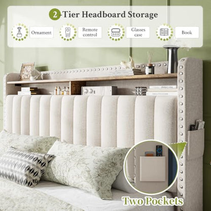 King Size Bed Frame with 2 Drawer & 2-Tier Storage Headboard Shelf, view 6