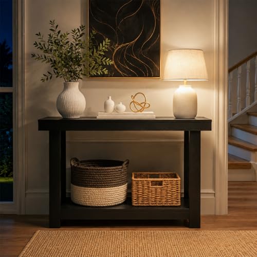 Black Console Table, 43.5 Inch Narrow Black Entryway Table with 2-Tier Storage, 500lbs Heavy Duty Sofa Table Behind Couch, Hallway Entry Table for Small Spaces, Living Room & Foyer