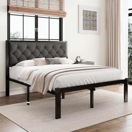 Queen Size Bed Frame with Linen Upholstered Headboard, view 5