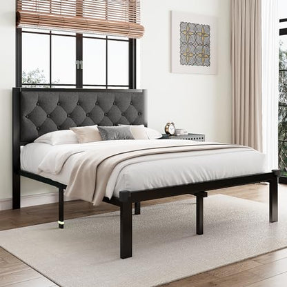 Queen Size Bed Frame with Linen Upholstered Headboard, view 5